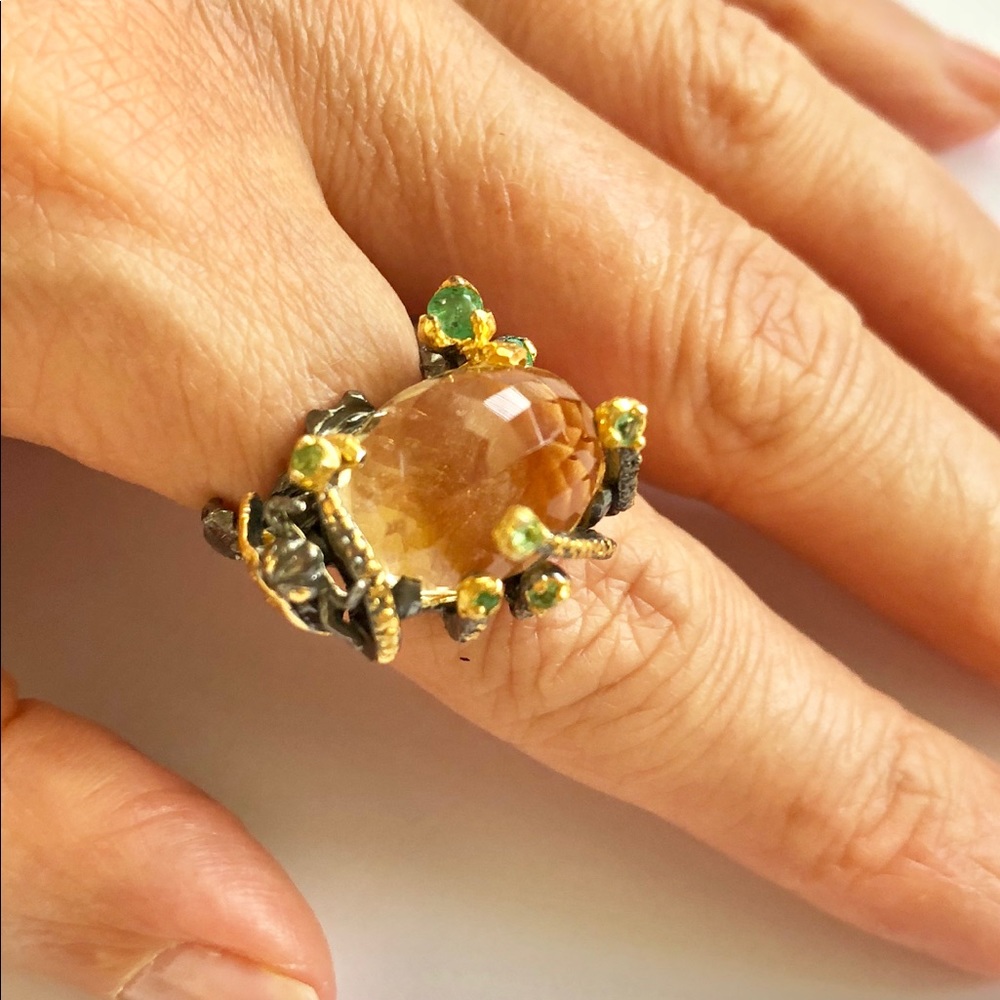 Citrine (lemon quartz) & Emeralds 925 Silver Ring