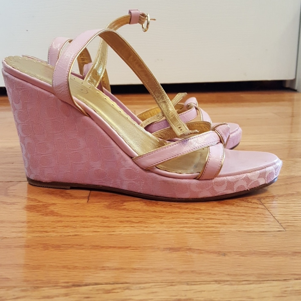Coach monogram pink and gold wedges