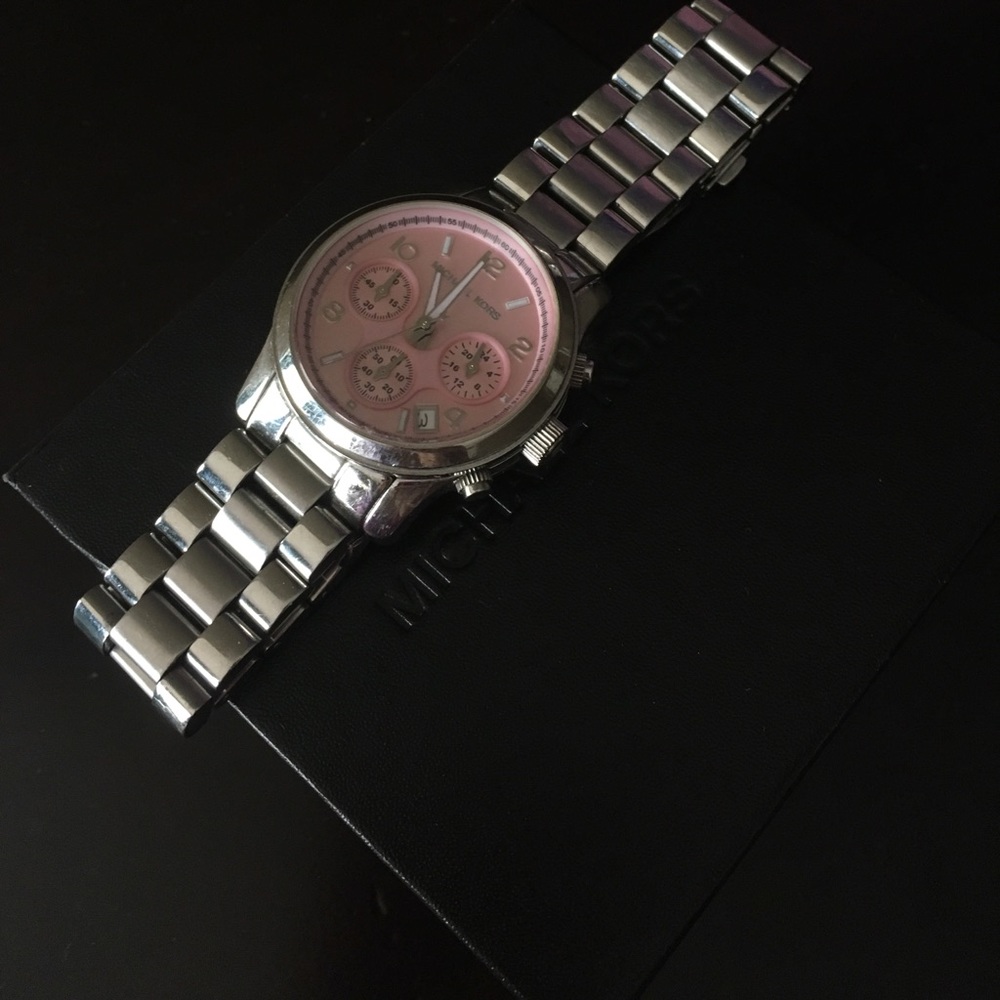 MK watch, silver and pink face