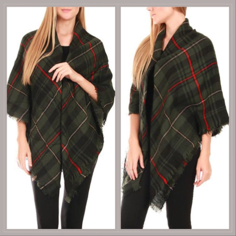 Hunter green plaid big blanket scarf with fringe - Picture 2 of 6