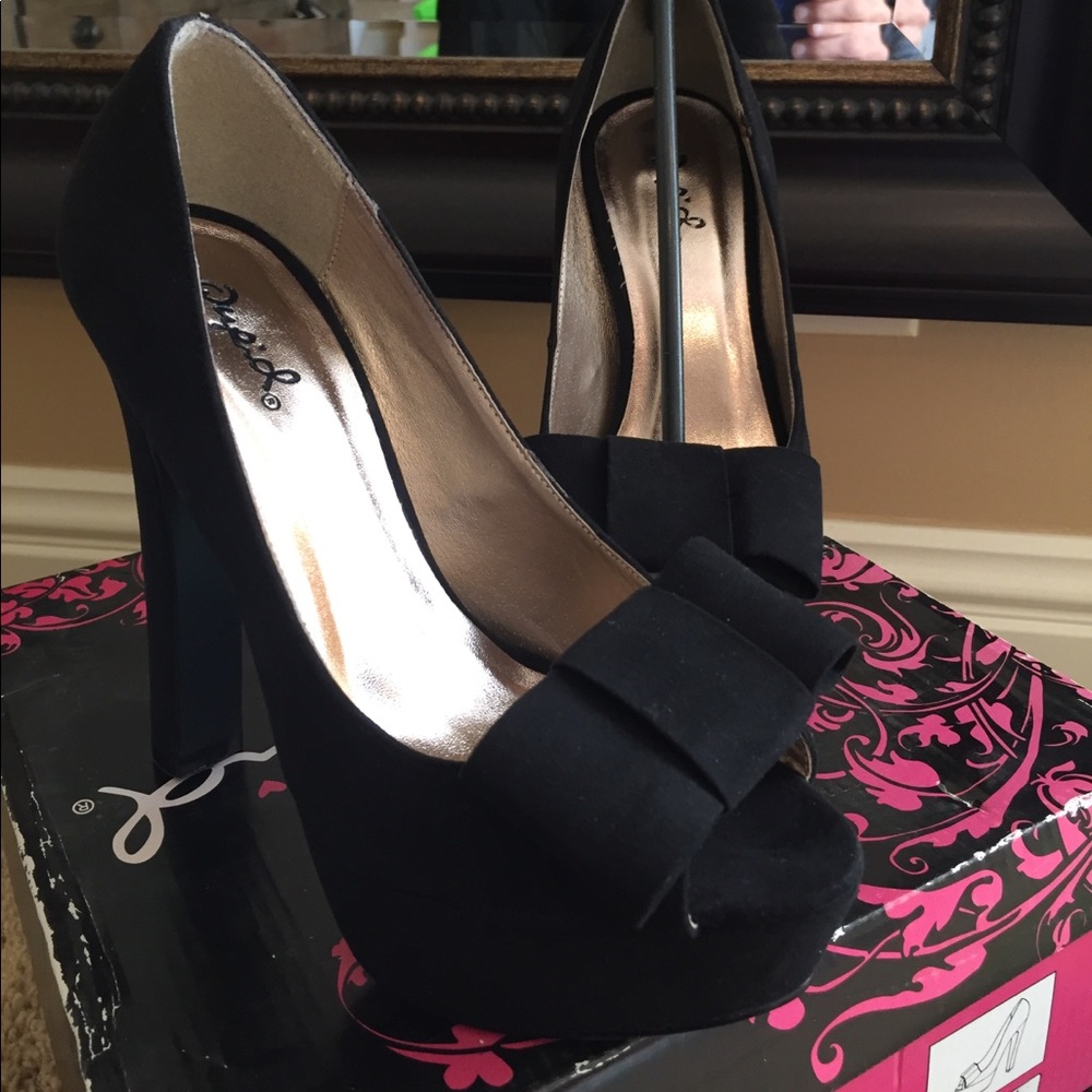 Black Suede Peeptoe platforms with bow