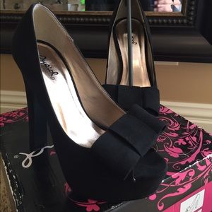 Black Suede Peeptoe platforms with bow