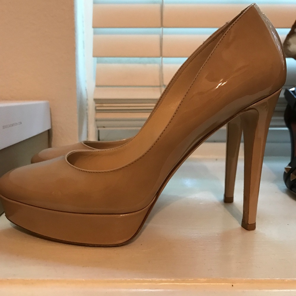 Jimmy Choo platform pumps. Nude.