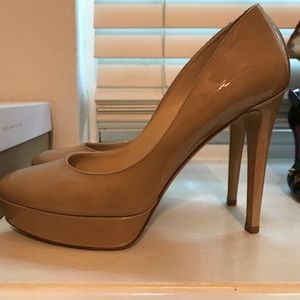 Jimmy Choo platform pumps. Nude.