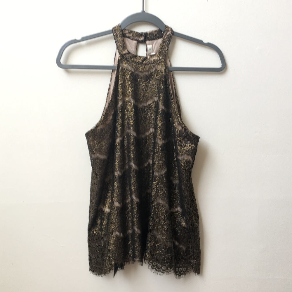 NWOT Dressy Black and Gold Lace Halter Top