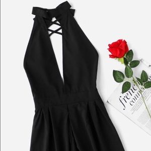 V-Neckline Open Back Lattice Halter Romper