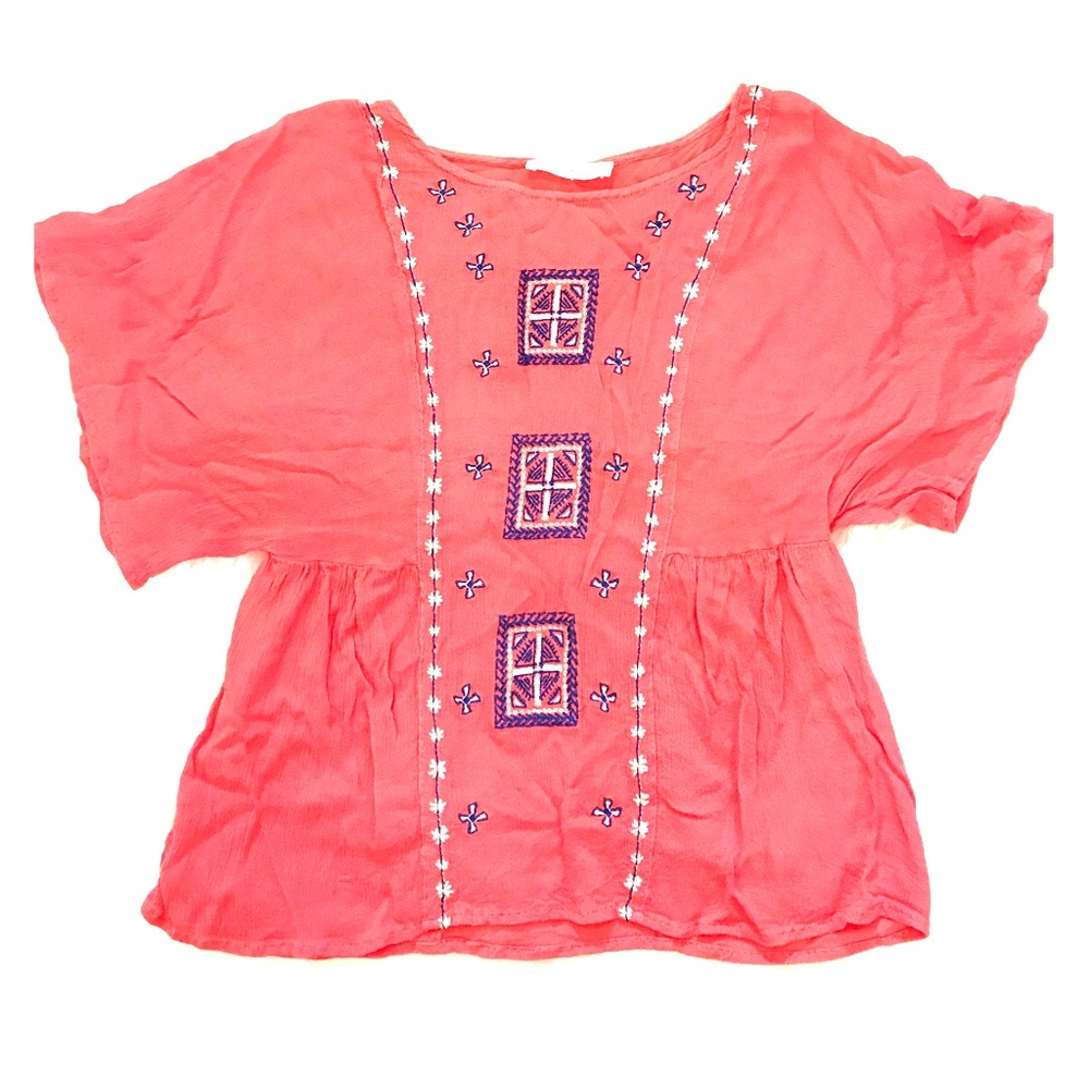 Boho embroidered peasant top gauzy Small coral