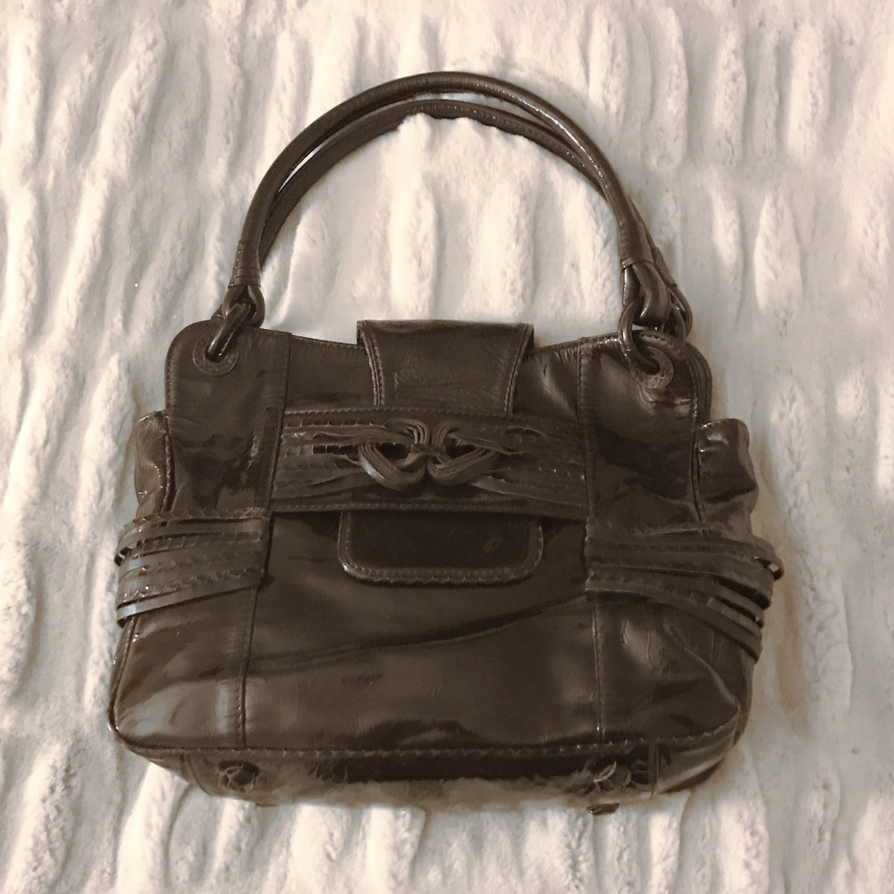 Katherine Kwei brown patent leather handbag