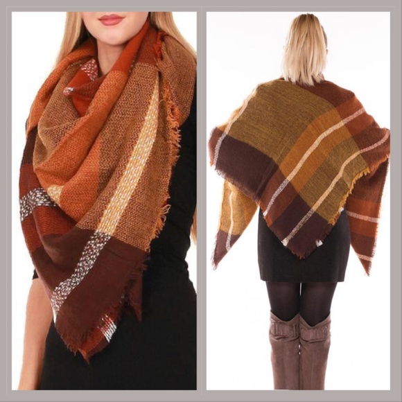 Brown/burnt orange plaid blanket scarf with fringe - Picture 2 of 5