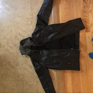 Guess Black Leather Jacket with Hood