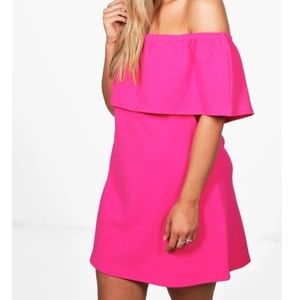 Boohoo off the shoulder pink dress uk size 16