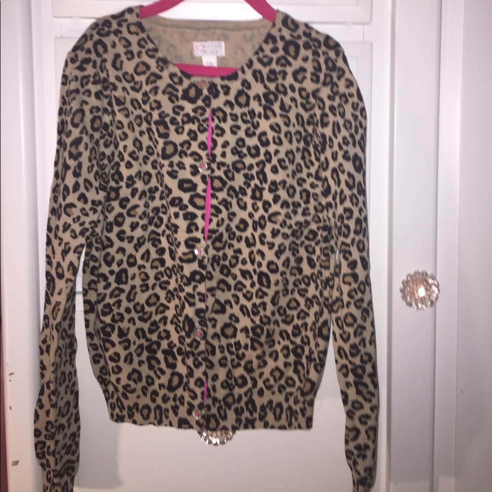 Cheetah print cardigan with pink grosgrain ribbon