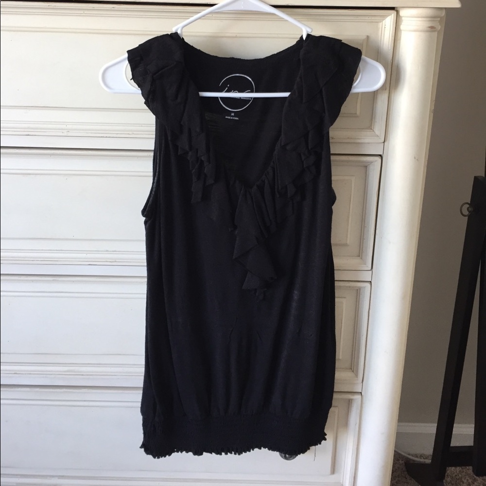 Black tank top with ribbon detail along neckline