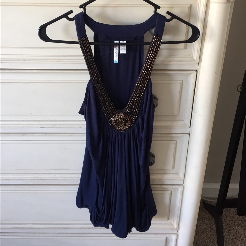 Navy blue tank top with gold detail