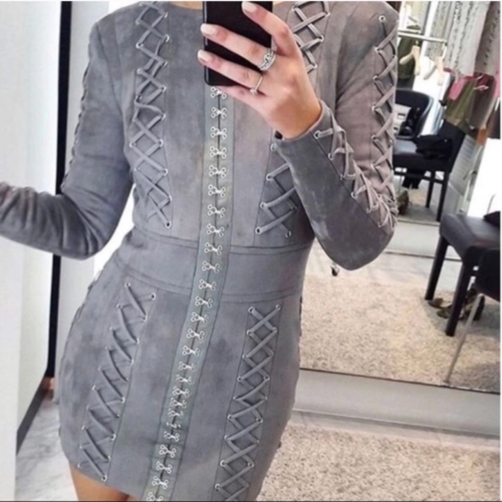 Gray Velvet Laced Long-Sleeve Mini Dress