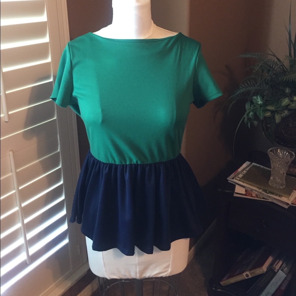 Green & Navy Short Sleeve Peplum Blouse