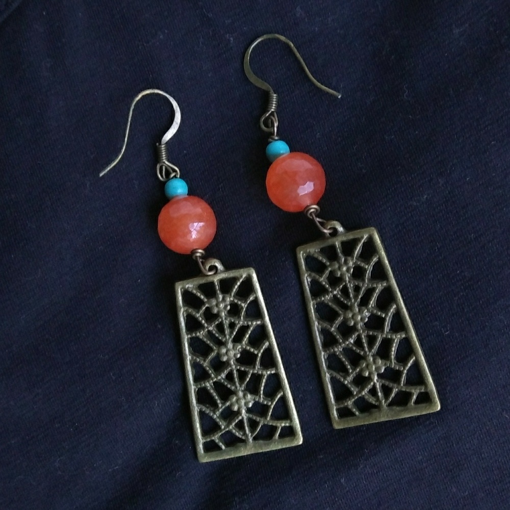 Nice filigree dangling earrings with orange blue