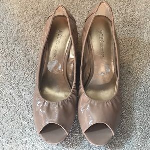BCBGenerarion nude peep toe wedges