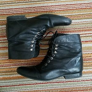 Swedish Black leather lace-up booties.