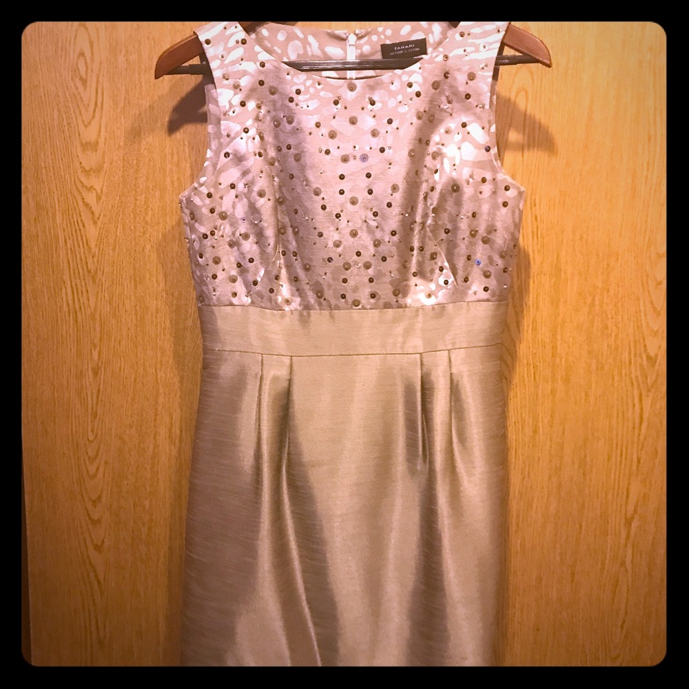 Tahari ASL mid length Cocktail Gold Dress