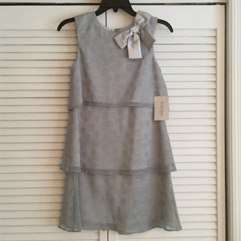 KC Parker 3 Tiered Silver Dot Dress with Bow Sz 12