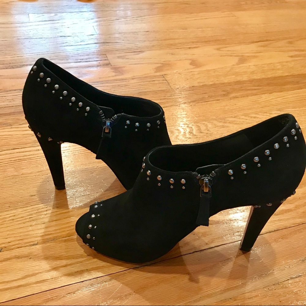 Saks Fifth Ave Black Studded Suede Bootie Pumps