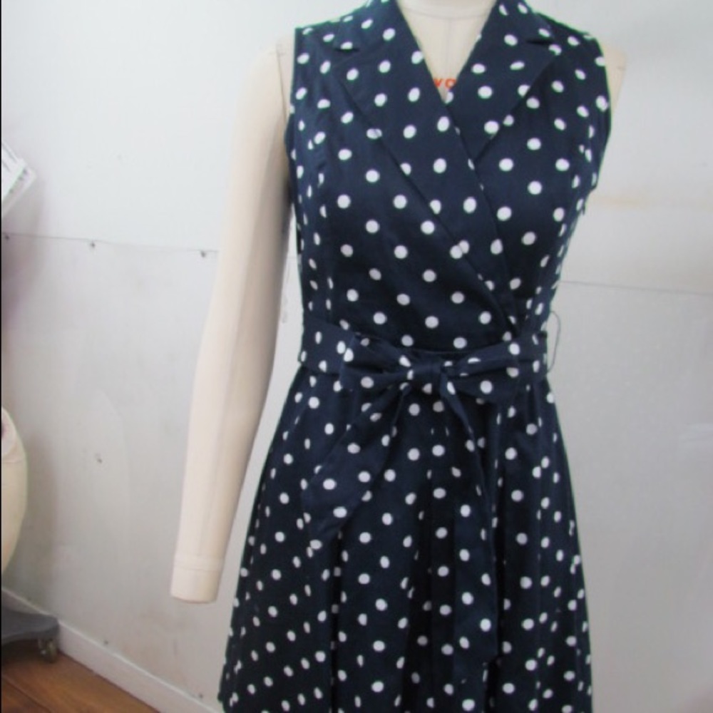 Chaps Cute Faus Wrap Poka Dot Dress with Belt