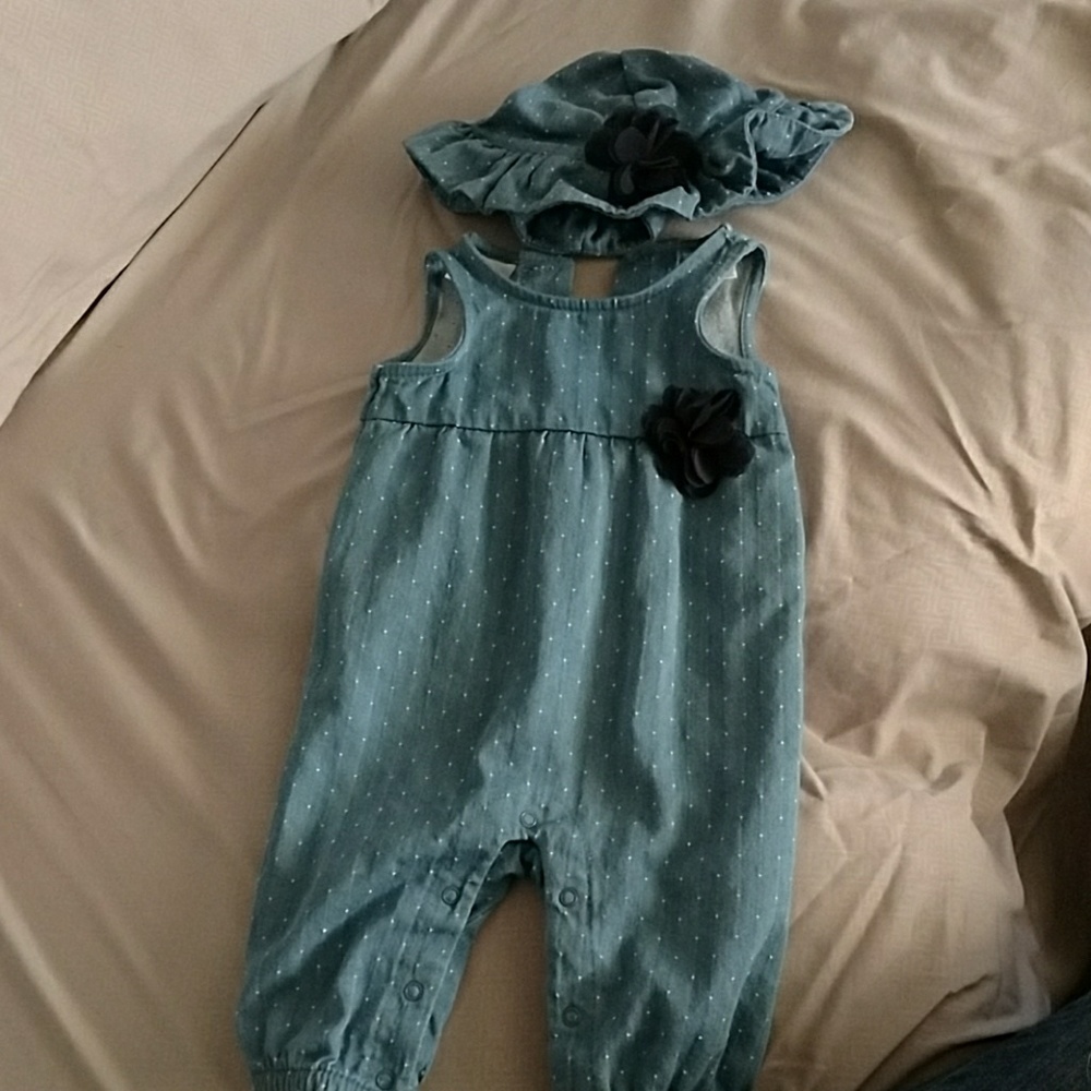 "Denim" outfit with matching hat.