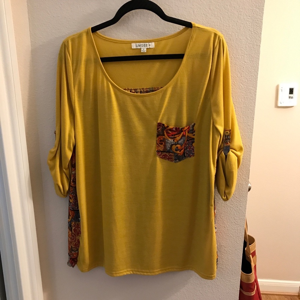 Umgee Mustard Pocket Top with Patterned back.  XL