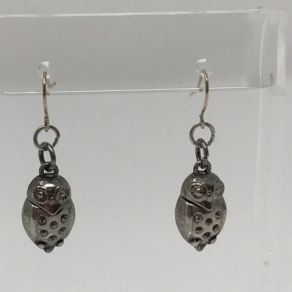 Handmade Jewelry - Silver Tone and Rhinestone Owl Pierced Earrings 0143