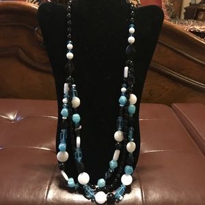 Multi layer black, white and blue long necklace