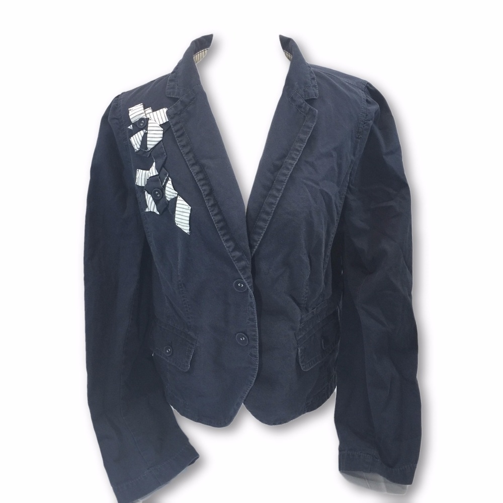 LOFT ANN TAYLOR NAVY V NECK JACKET PATCHWORK TRIM