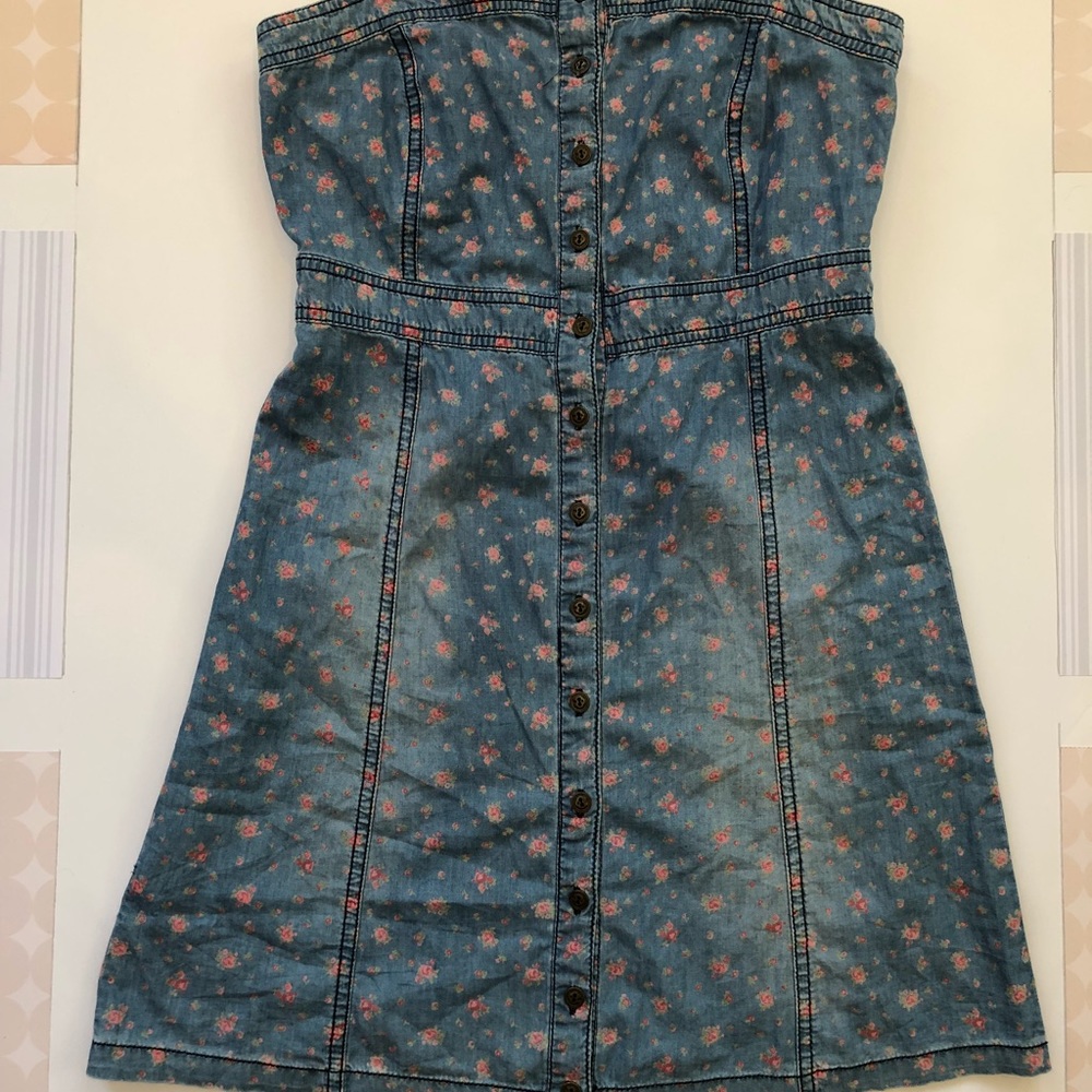 Medium floral denim mini dress with button down