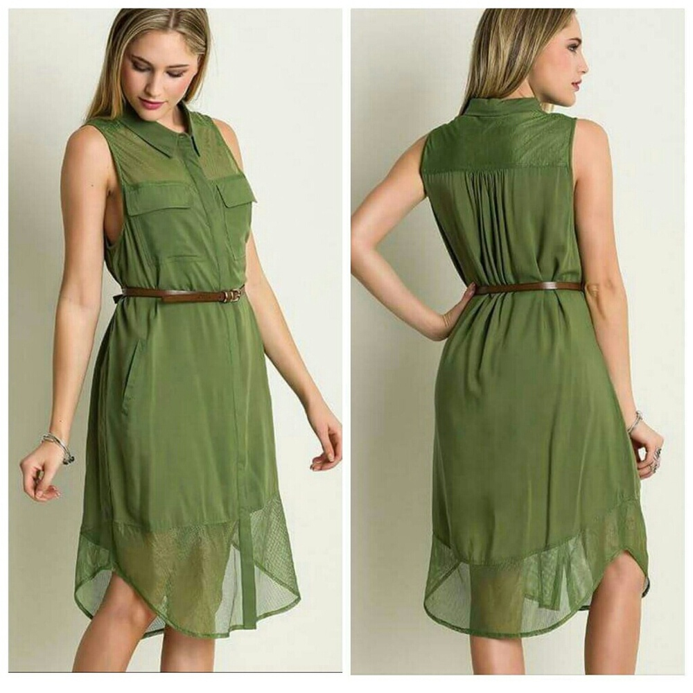 Olive button up long shift dress
