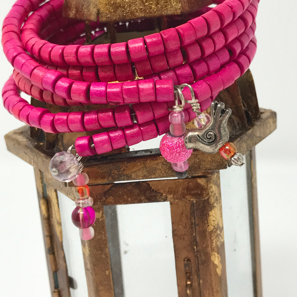 Pink Wooden Memory Wire Bracelet with Charms - Picture 2 of 4