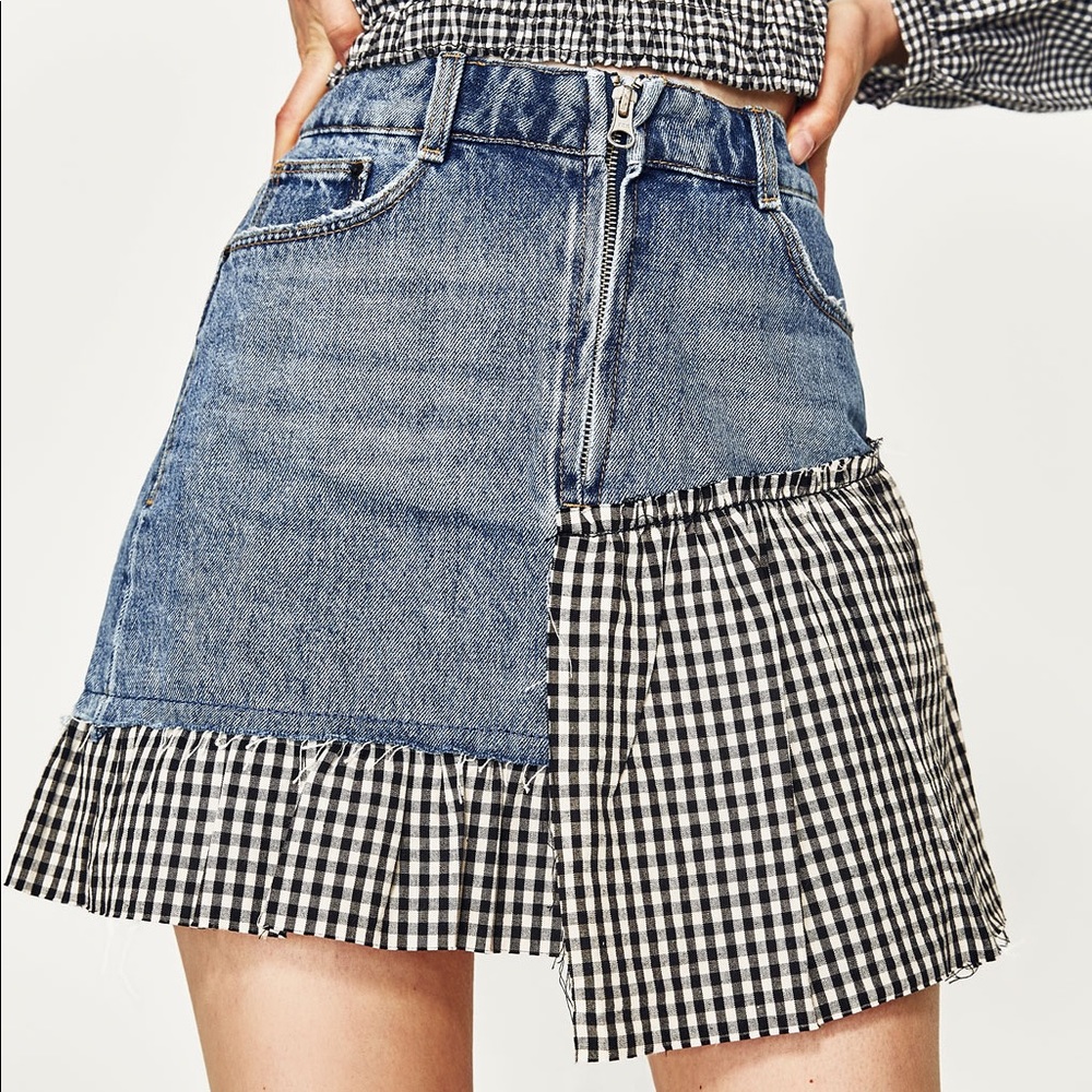 Zara check denim skirt