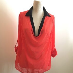 V-neck Sheer Coral Blouse
