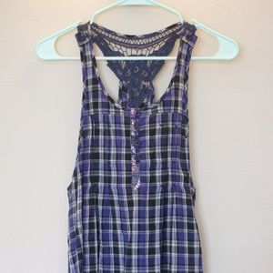 Blue Plaid Crochet Back Tank Scoop Hem