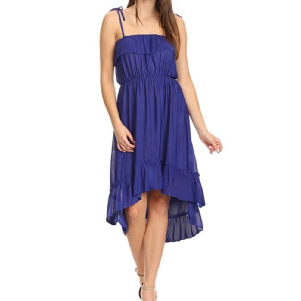 🔥Navy ruffle accent high low dress