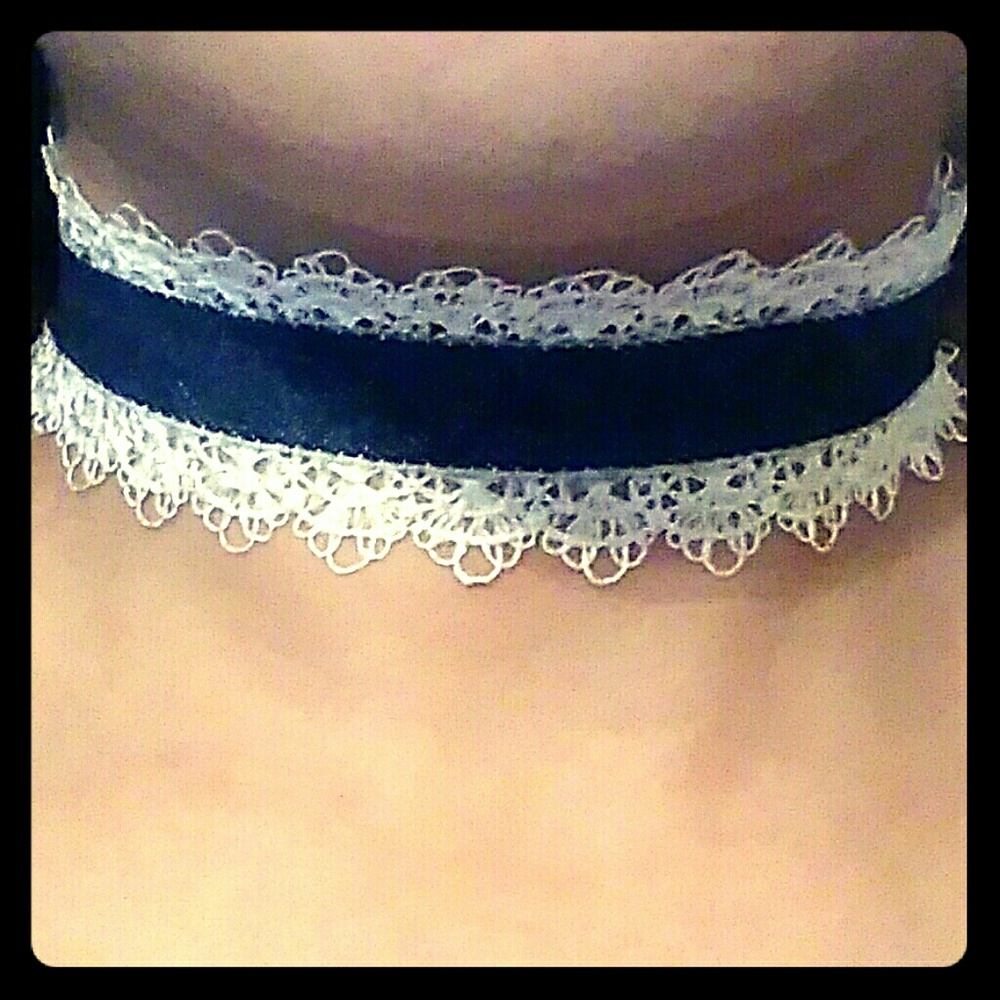 Denim and Lace Ribbon Choker Necklace