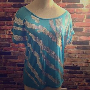 Baby blue cold shoulder zebra sequence blouse