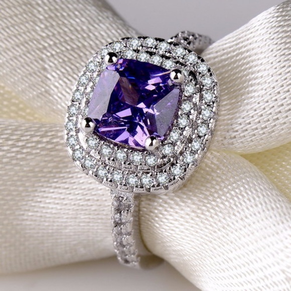 2ct Purple Diamonique 6mm CZ Sterling Silver Ring - Picture 2 of 6