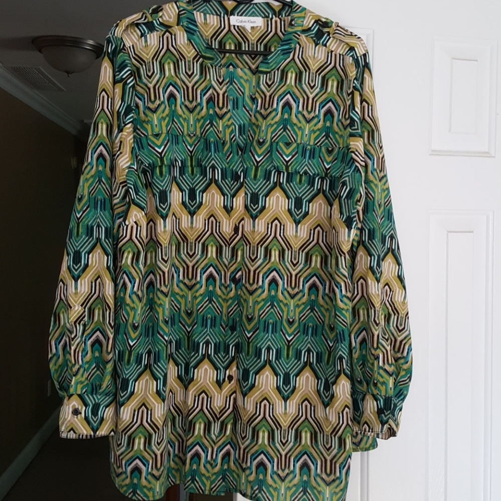 Calvin Klein green, cream and black blouse
