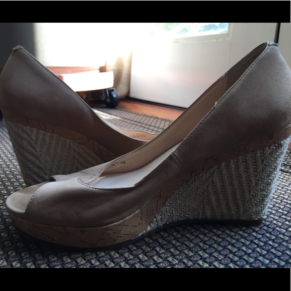 Cole Haan suede tan open toed platform wedges cork