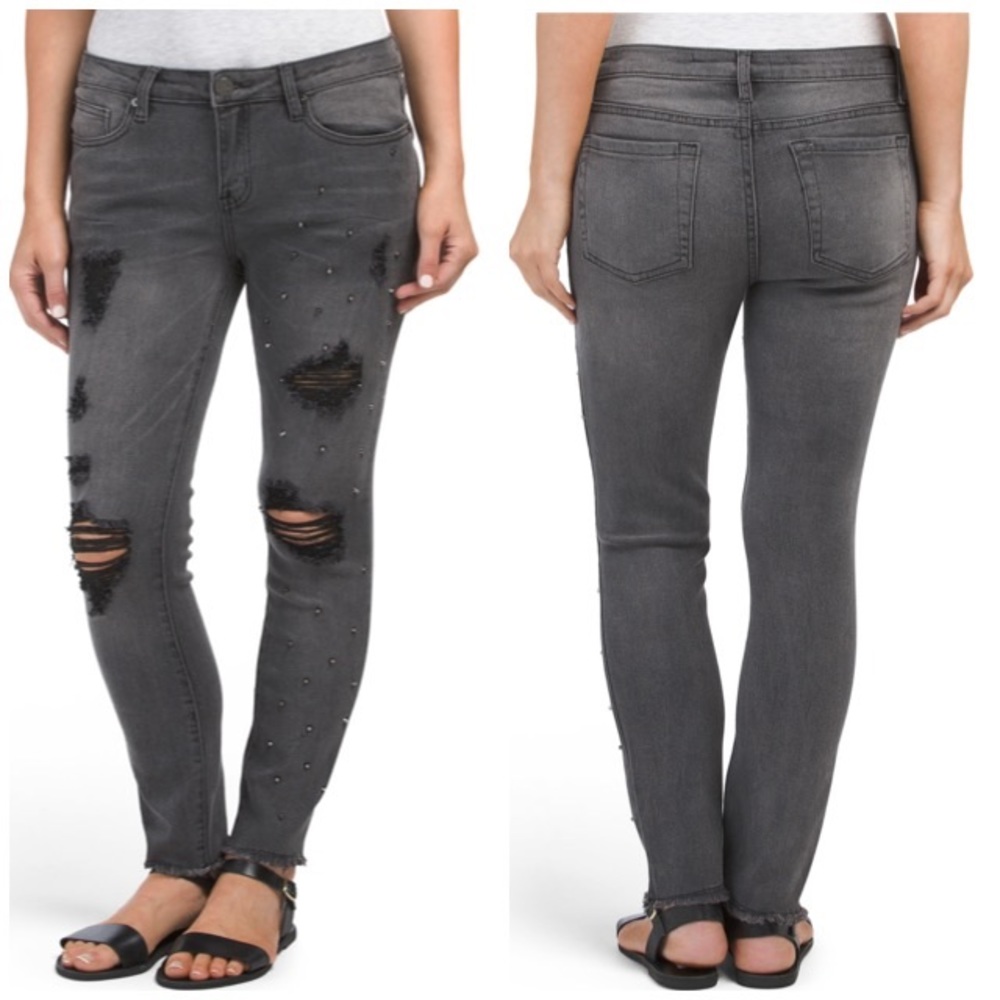 Studded Ripped Jeans with Raw Hems - Picture 2 of 8