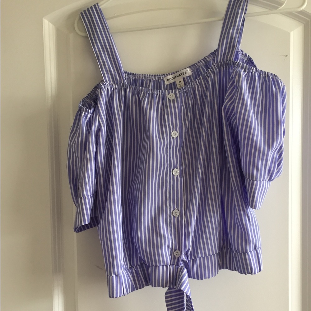 Light blue poplin cold shoulder blouse