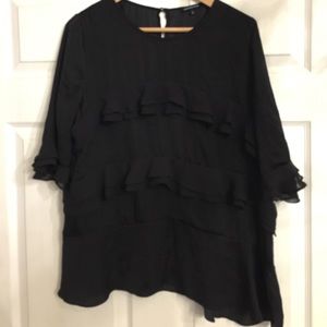 Black blouse ruffle detail front, back & sleeves