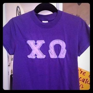 Chi omega sorority letter stitch -XO- purple.