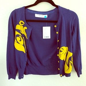 NWT anthro cardigan. Dark blue with mustard.
