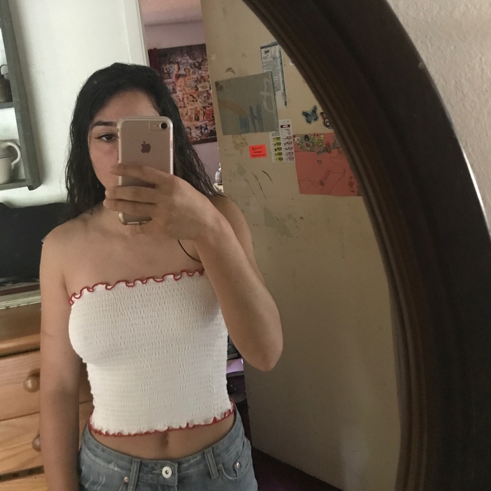 White w red trim strapless brandy Melville top